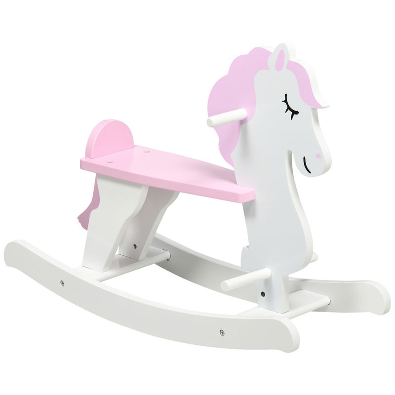 Homcom cavalo baloiço para crianças de 1-3 anos cavalo baloiço de madeira com guiador e apoio para os pés carga máxima 50kg 68x27x46,5cm branco e rosa