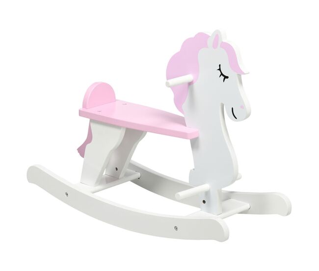 Homcom cavalo baloiço para crianças de 1-3 anos cavalo baloiço de madeira com guiador e apoio para os pés carga máxima 50kg 68x27x46,5cm branco e rosa