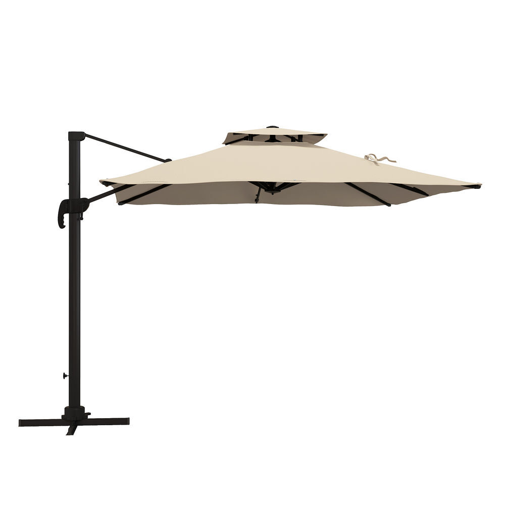 Outsunny chapéu de sol de alumínio ø295x270 cm chapéu de sol excêntrico com manivela teto duplo inclinável mastro giratório 360° com pedal e base