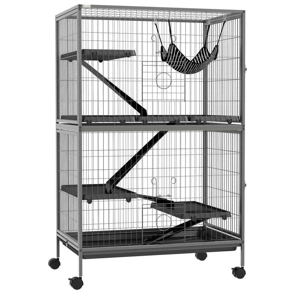 Pawhut gaiola para roedores 80x52x128 cm casa de 4 alturas com rampas suspensa rede bandeja removível rodas portas cinza prateado