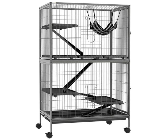 Pawhut gaiola para roedores 80x52x128 cm casa de 4 alturas com rampas suspensa rede bandeja removível rodas portas cinza prateado