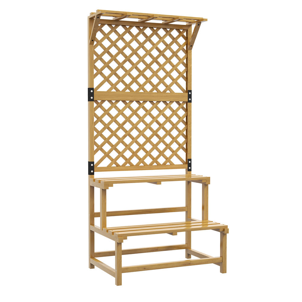 Outsunny suporte para plantas de madeira com treliça suporte para vasos de 2 níveis para jardim pátio terraço varanda 75x50x166 cm natural