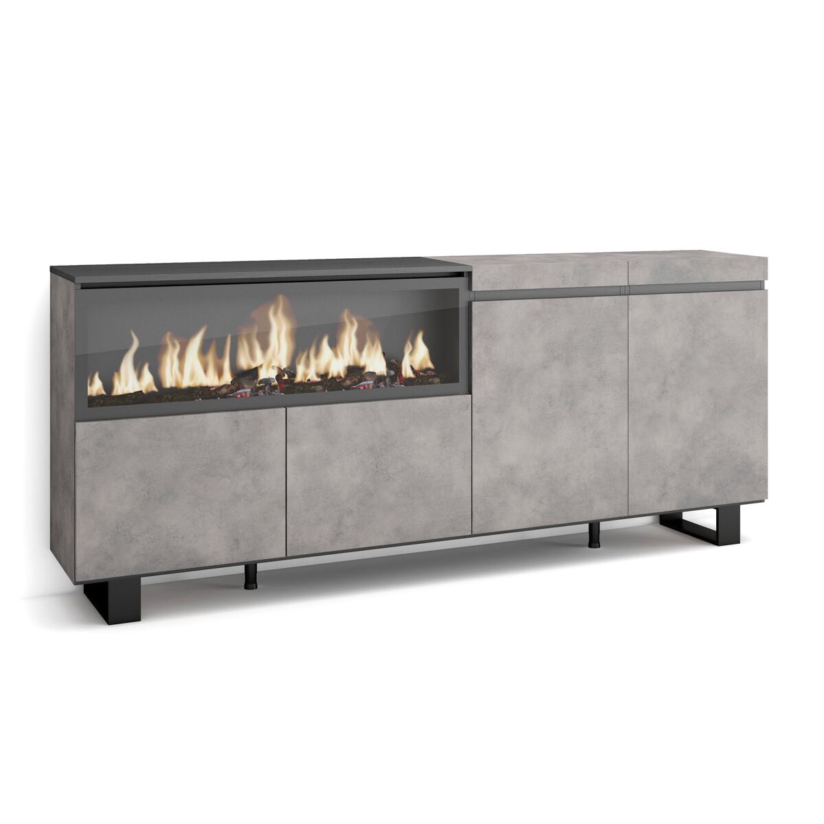 Aparador sala de jantar, sala, cozinha, entrada, tv, 208x35x87cm, 4 portas, lareira électrique xxl, design industrial, estilo moderno, cimento