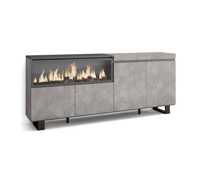 Aparador sala de jantar, sala, cozinha, entrada, tv, 208x35x87cm, 4 portas, lareira électrique xxl, design industrial, estilo moderno, cimento