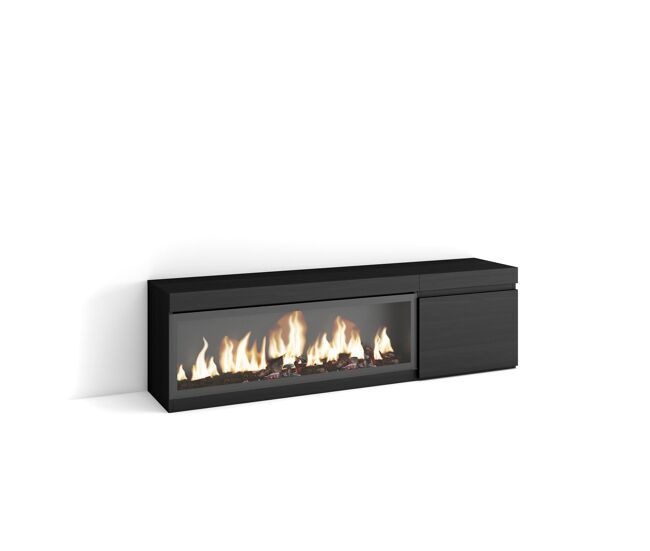 Móvel de tv, muito espaço de arrumação, 158x35x45cm, para televisores até 65", lareira eléctrica xxl, estilo moderno, preto