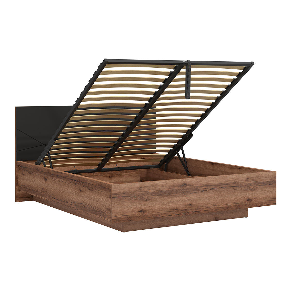 Cama baú sven preto e madeira 160x200 com base ripas