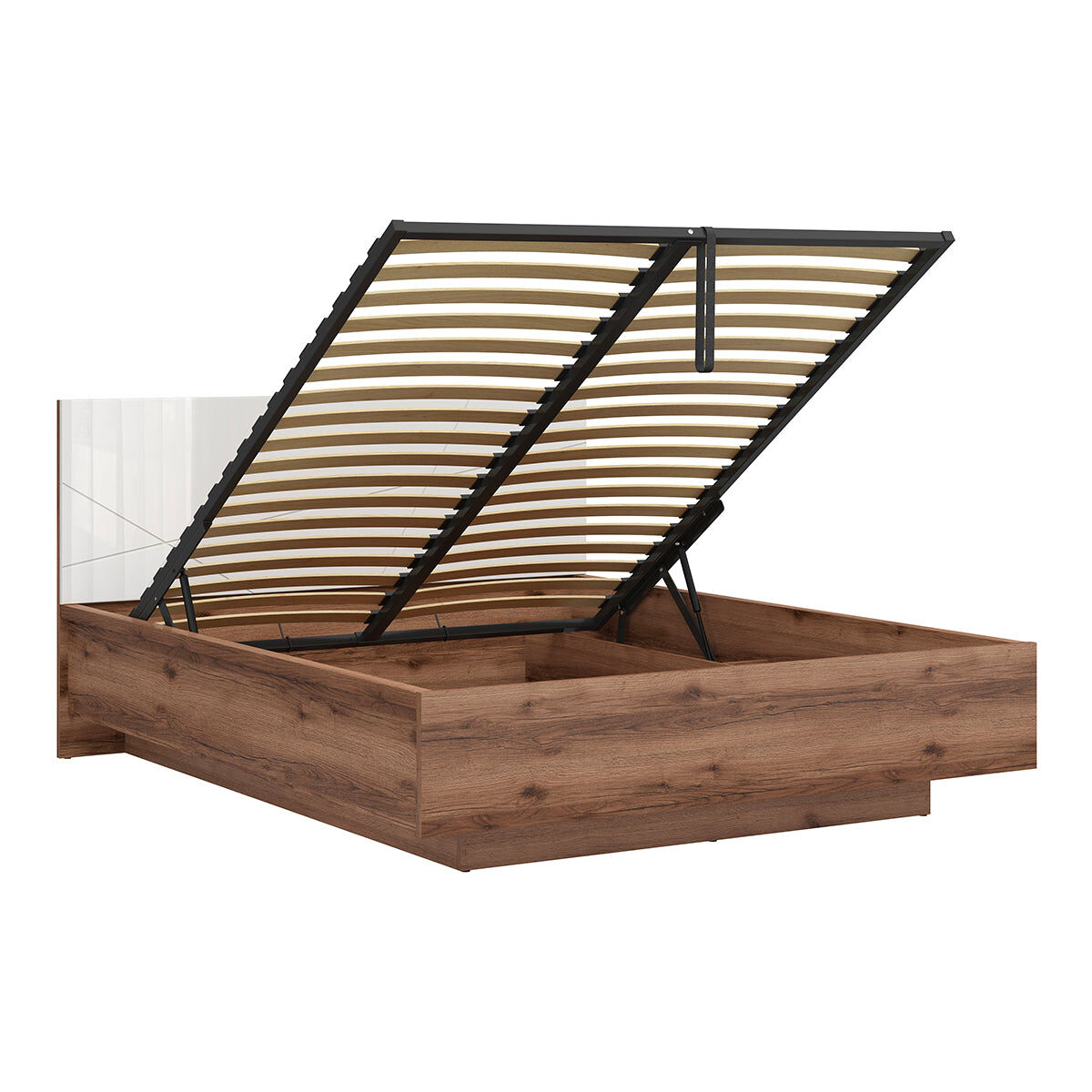 Cama baú sven branco e madeira 160x200 com base ripas