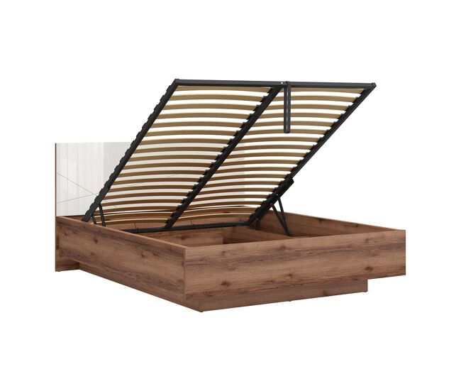 Cama baú sven branco e madeira 160x200 com base ripas