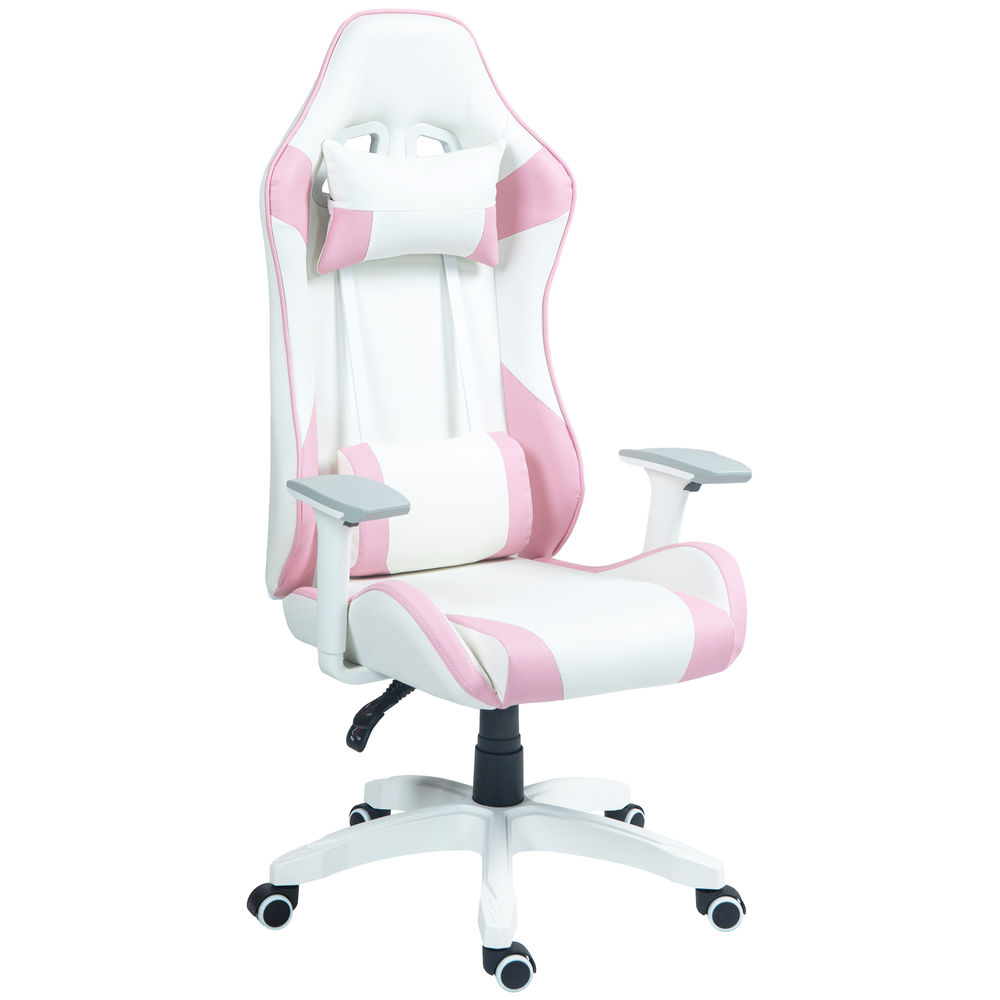 Homcom cadeira gaming reclinável cadeira gamer giratória com almofada lombar apoios de braços ajustáveis apoio de cabeça basculante e altura ajustável para escritório 67x60x120-128 cm branco e rosa