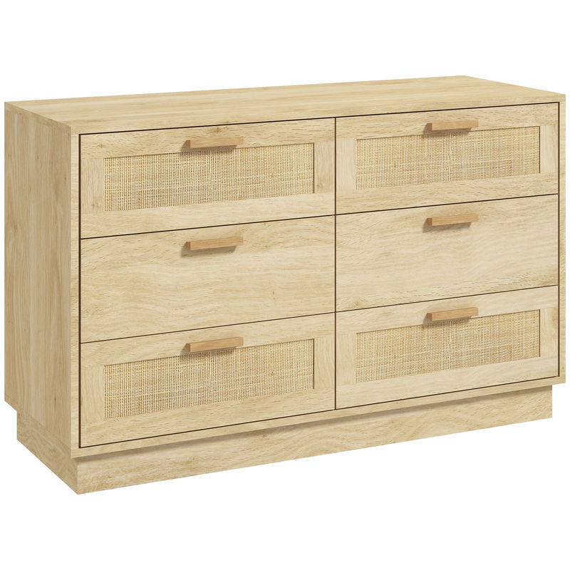 Homcom cómoda para quarto cómoda de madeira com 6 gavetas de vime estilo boêmio cómoda para corredor sala de estar escritório 110x40x69 cm carvalho