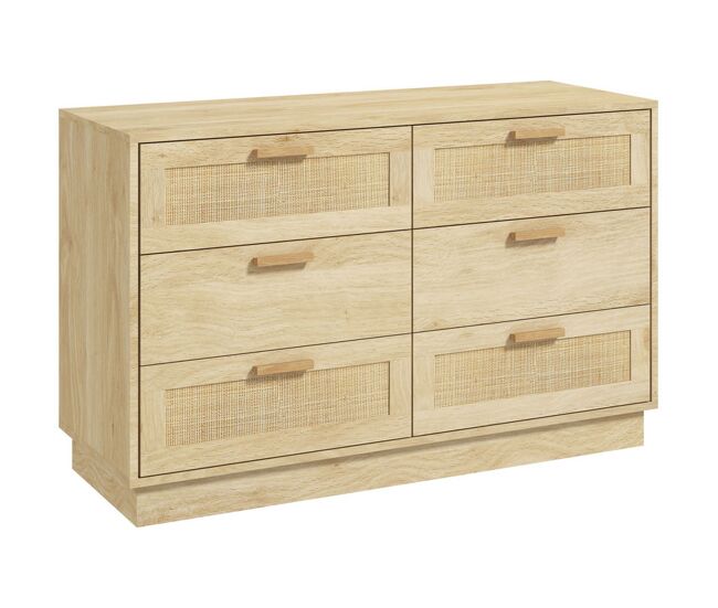 Homcom cómoda para quarto cómoda de madeira com 6 gavetas de vime estilo boêmio cómoda para corredor sala de estar escritório 110x40x69 cm carvalho
