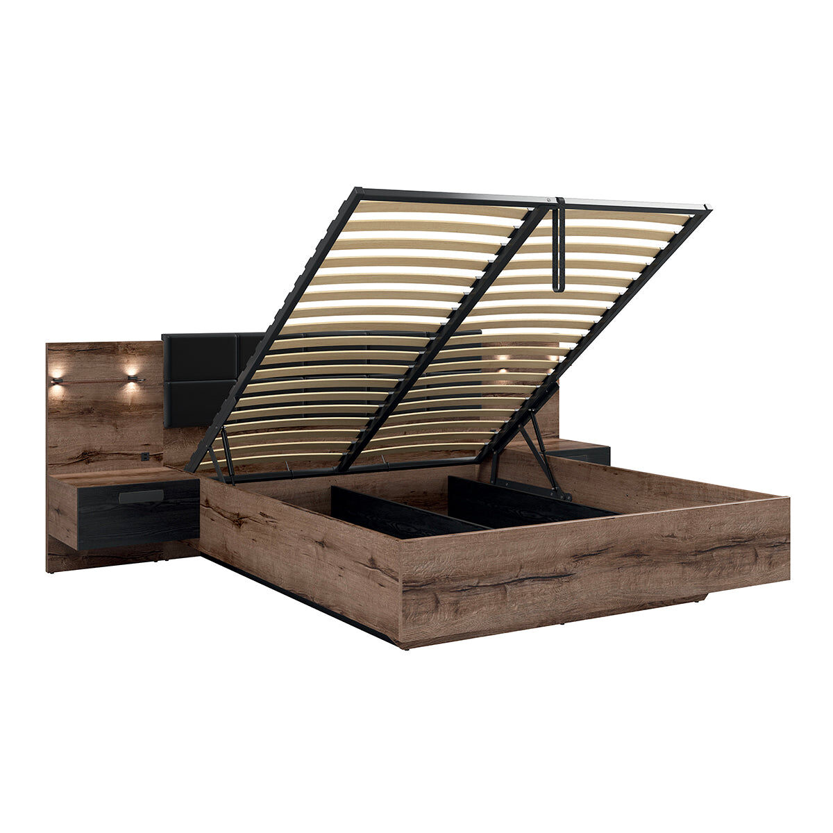 Cama baú 160x200 base cabeceira led e tomada usb incluída romane madeira