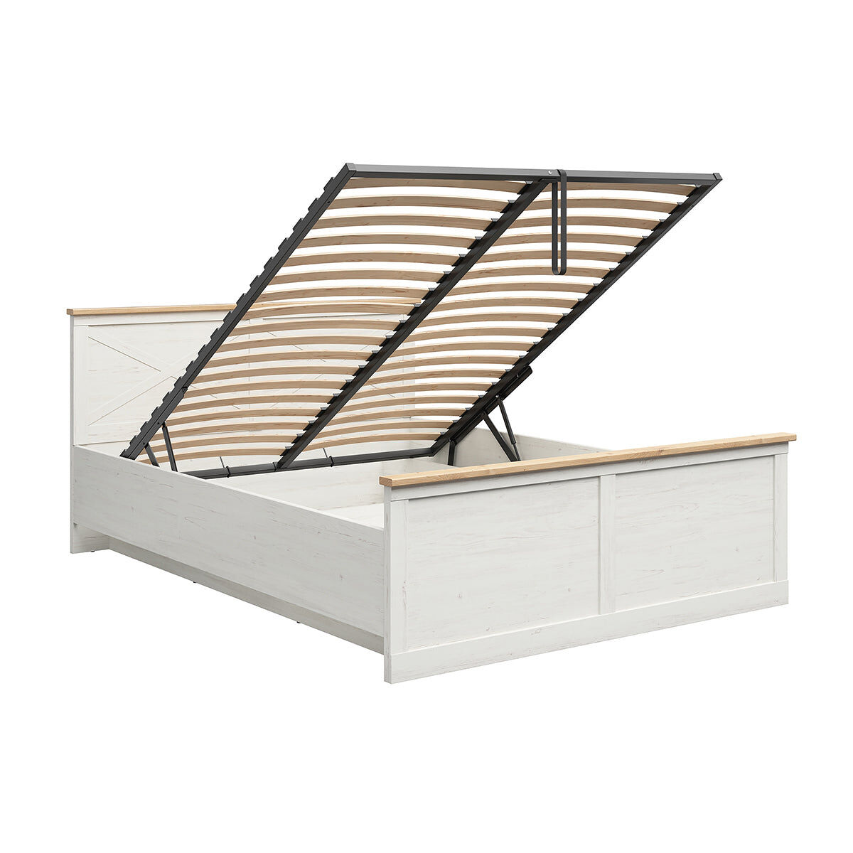 Cama com arrumação 160x200, com base incluída, modelo victoria branco e madeira