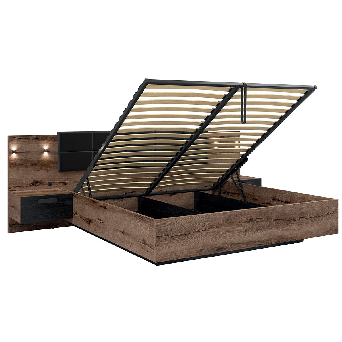 Cama baú 180x200 base cabeceira led e tomada usb incluídas romane madeira