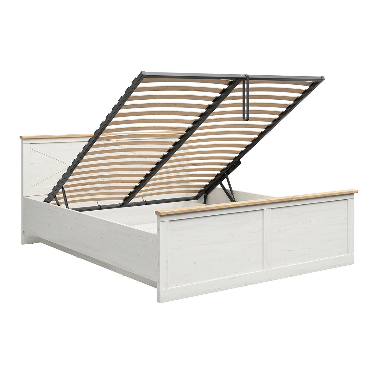 Cama com arrumação 180x200, com base incluída, modelo victoria branco e madeira