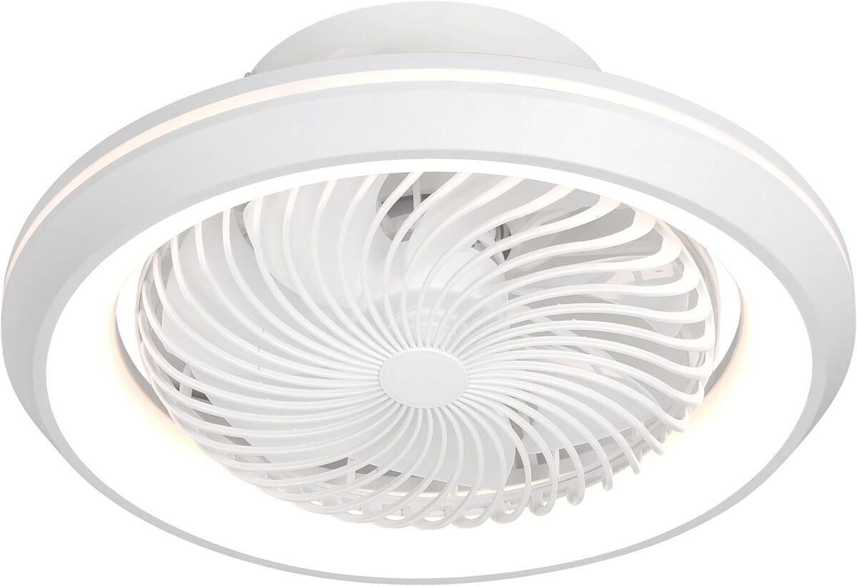 Ventilador de teto com luz LED giratória, oscilação de 360°. 6 velocidades, cor da luz ajustável. Controle remoto. (Faia)