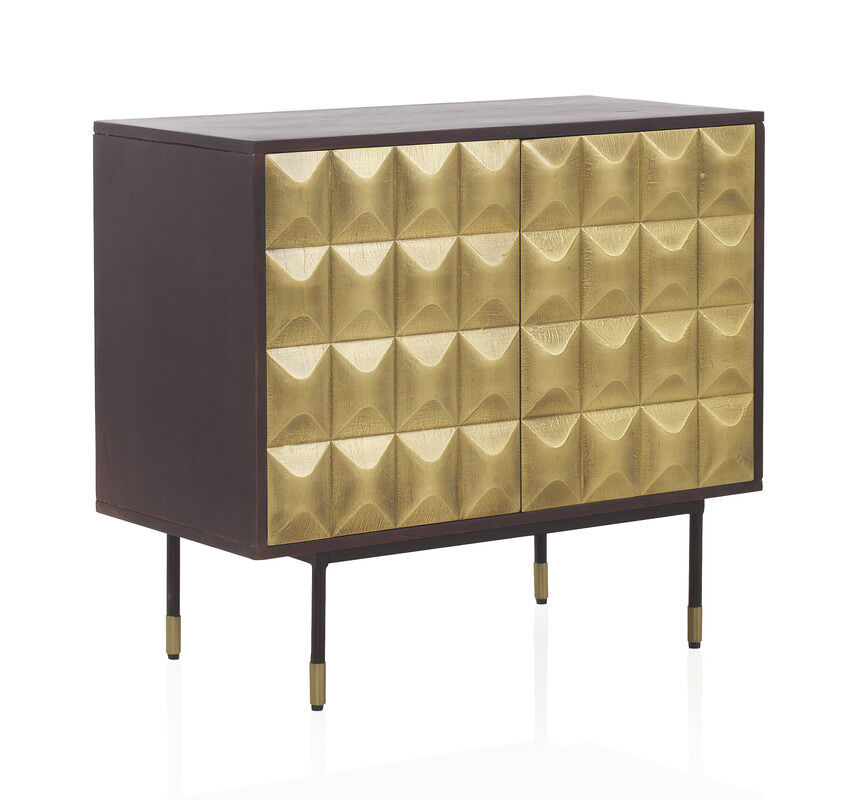 Aparador 2 portas metal dourado frente madeira manga maciça com pés metal preto e dourado