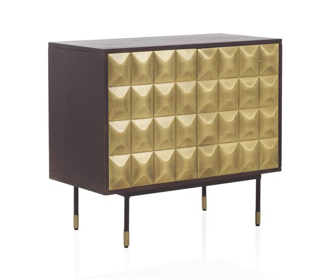 Aparador 2 portas metal dourado frente madeira manga maciça com pés metal preto e dourado