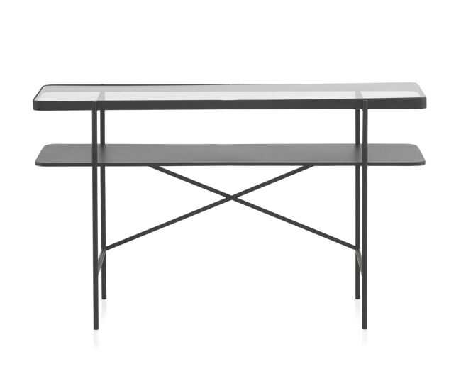 Consola de metal preto com envelope de cristal