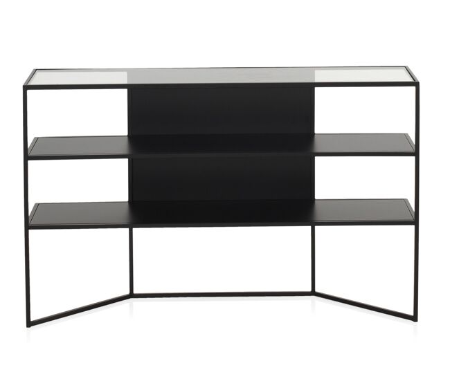 Consola de metal preto com envelope de cristal