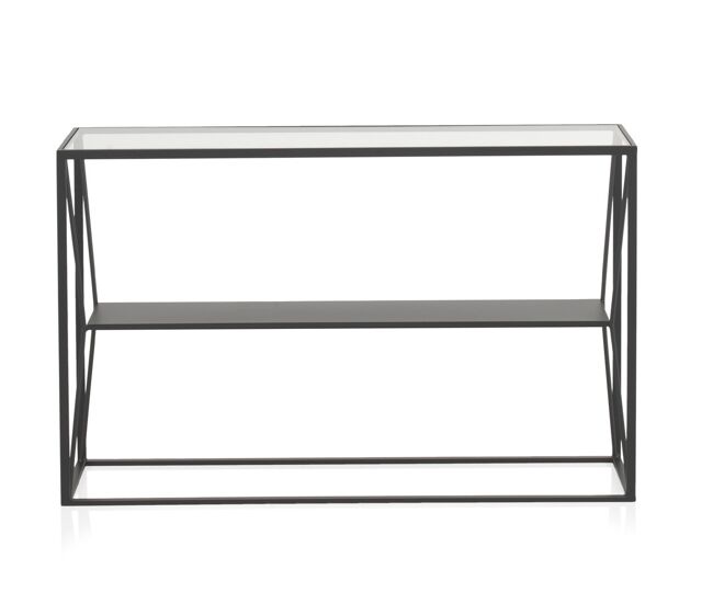 Consola de metal preto com envelope de cristal