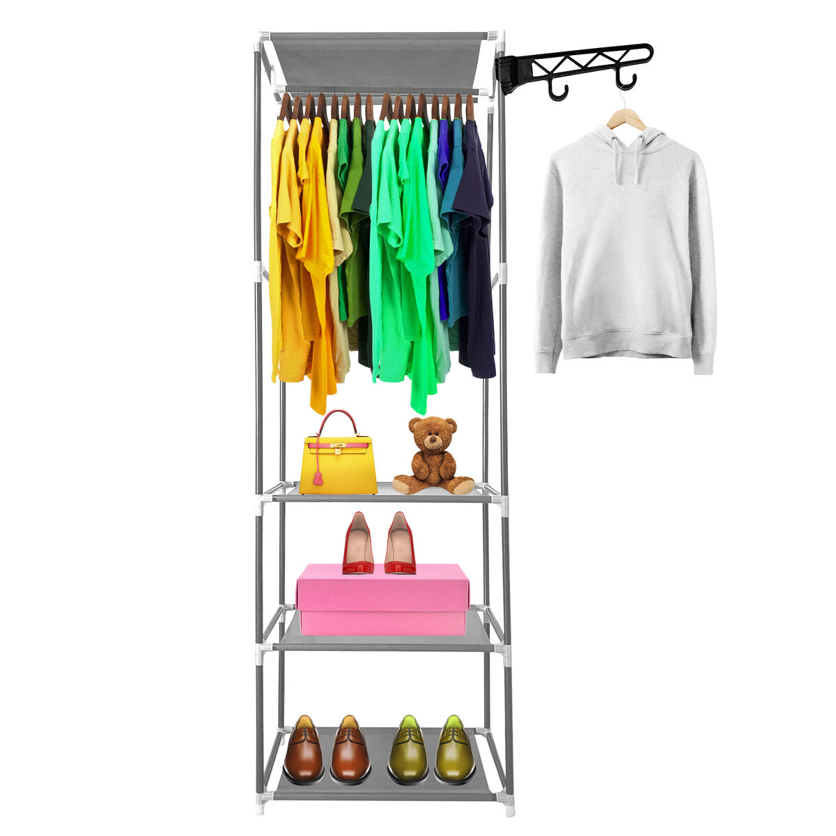 Guarda-roupa estático nyana home 170x55x35cm 3 prateleiras 1 barra superior 1 cabide lateral branco