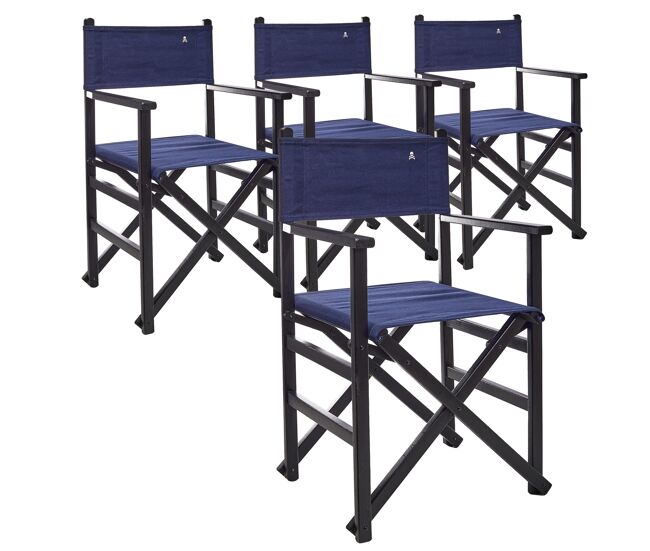 Conjunto de 4 cadeiras de diretor dobráveis com estrutura em cor wengué e lona azul escura, confeccionadas em madeira de faia de primeira qualidade