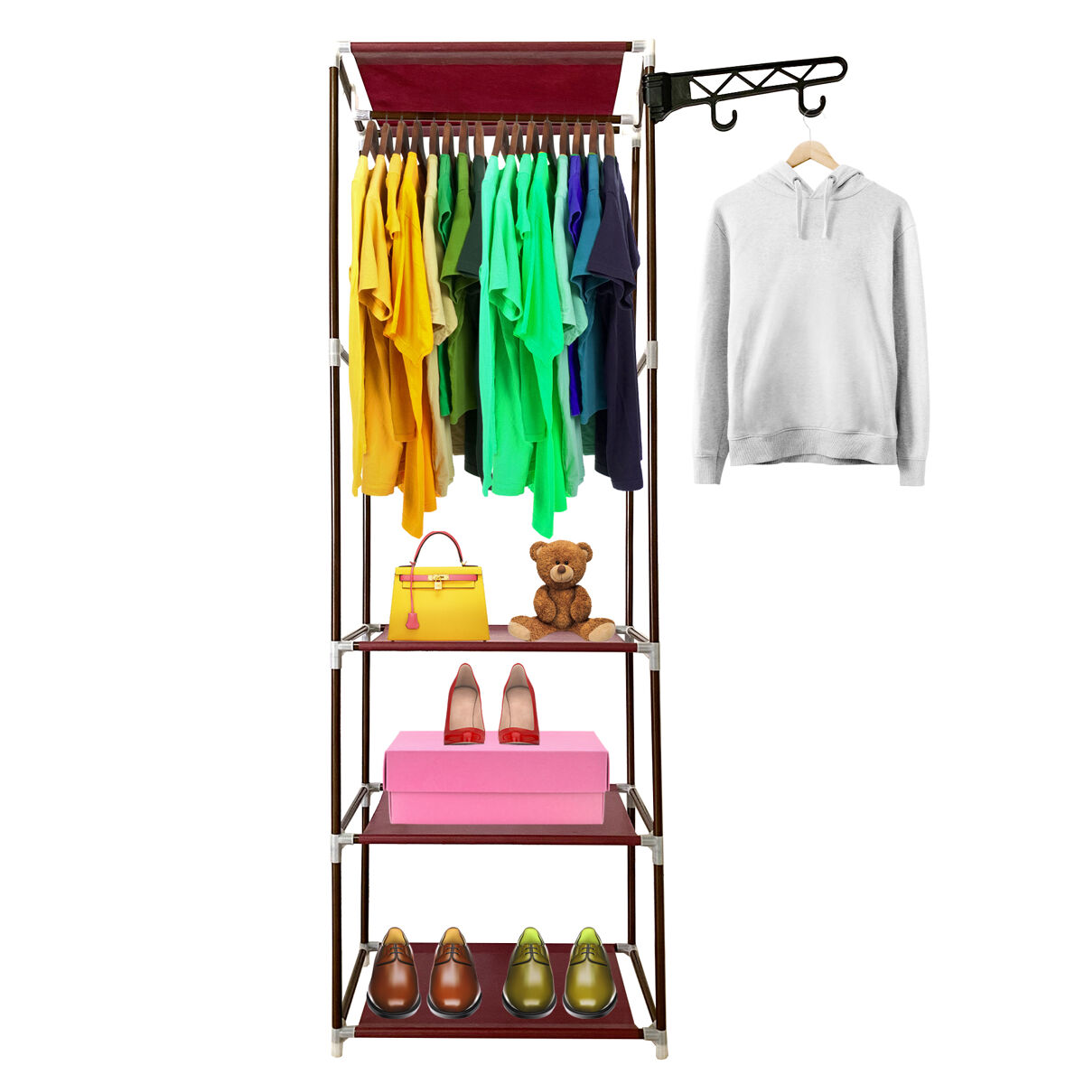 Guarda-roupa estático nyana home 170x55x35cm 3 prateleiras 1 barra superior 1 cabide lateral marrom