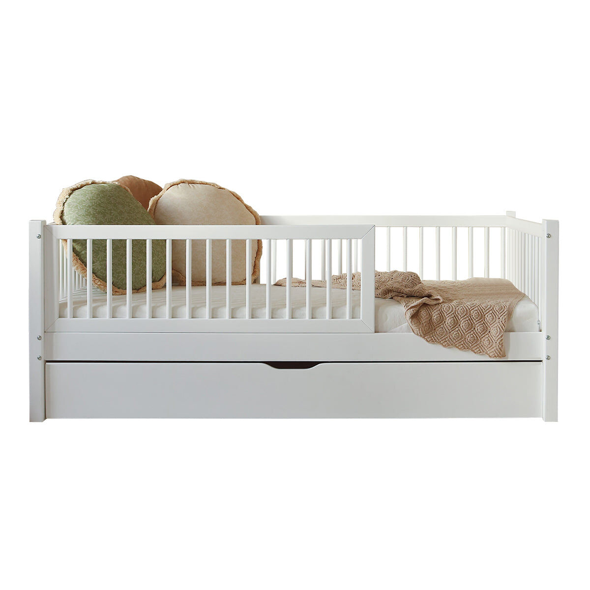 Cama 90x190 com barreira base de ripas e gaveta incluídas sybil branco