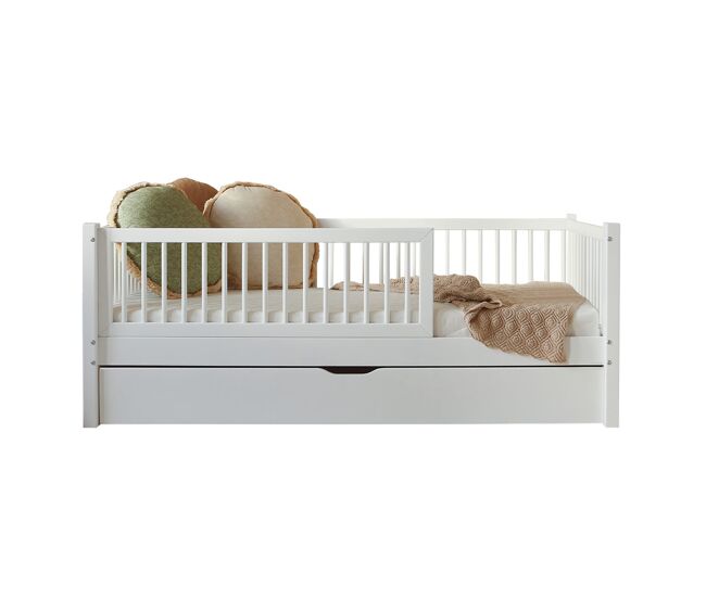 Cama 90x190 com barreira base de ripas e gaveta incluídas sybil branco