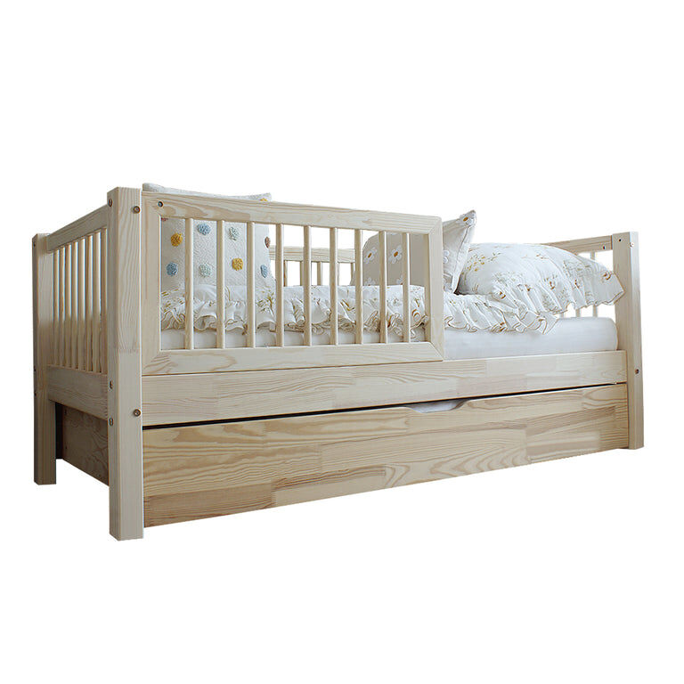 Cama 90x190 com barreira base de ripas e gaveta incluídas sybil bois