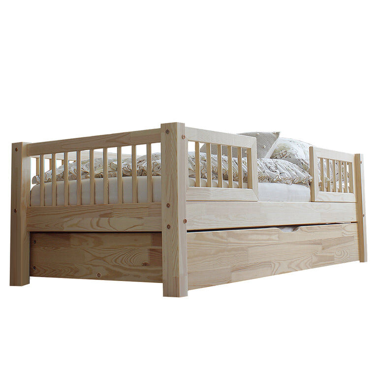 Cama com barreira 90x190 com estrado de ripas e gaveta adèle bois