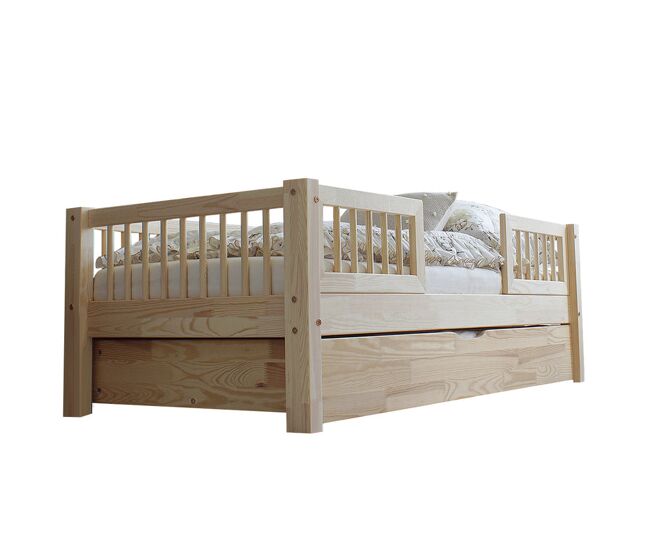 Cama com barreira 90x190 com estrado de ripas e gaveta adèle bois