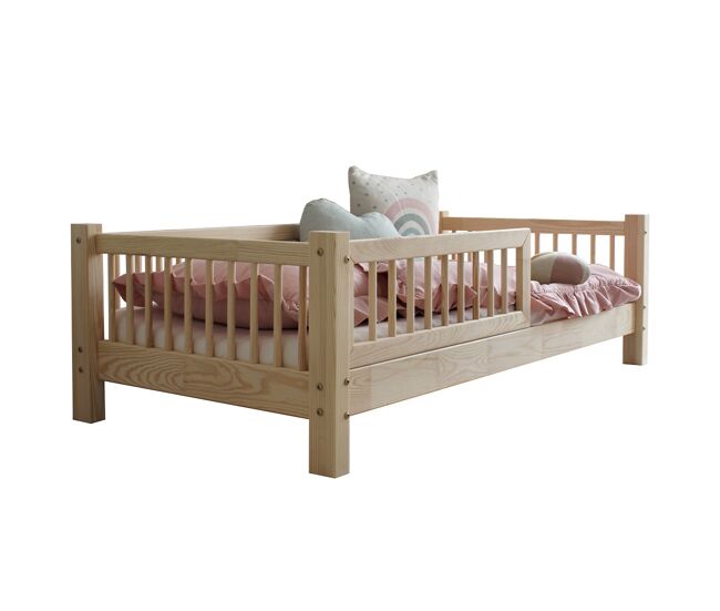Cama 90x200 barreira e base de ripas incluídas pés 10 cm adèle bois