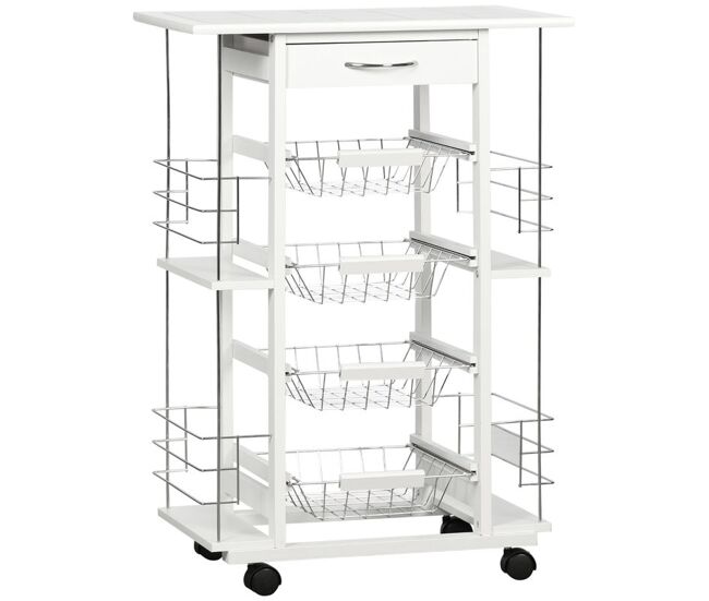 Homcom carrinho de cozinha com rodas carrinho de cozinha com bancada gaveta 4 cestas de metal e 4 suportes para temperos laterais para cozinha