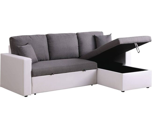 Canapé d'angle convertible/réversible avec coffre "Alain" - 221 x 145 x 85 cm - 3 places - gris/blanc