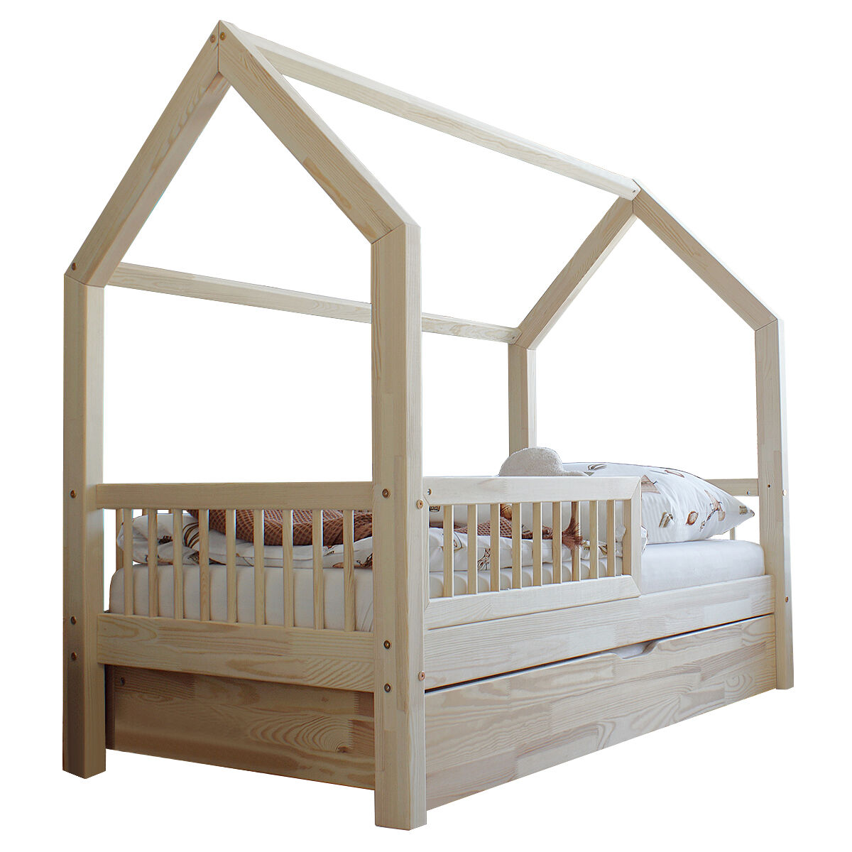 Cama cabana 90x190 barreira base de ripas e gaveta incluída sofia bois