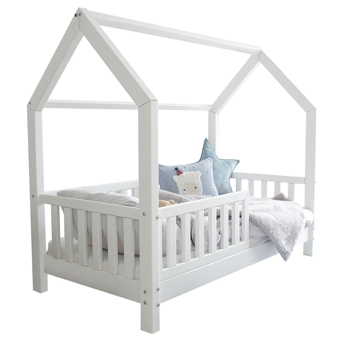 Cama cabana 90x200 barreira e base de ripas incluídas pés 10 cm daisy branco