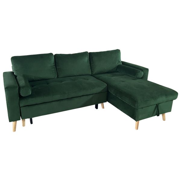 Canapé d'angle convertible JAMES 3 places en velours vert