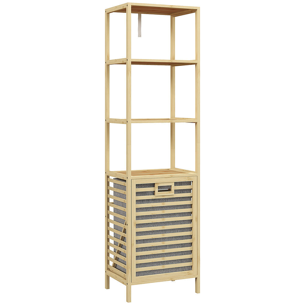 Homcom estante de casa de banho em bambu estante de armazenamento de casa de banho com 3 prateleiras e 1 cesto para roupa suja removível 44x33x160 cm