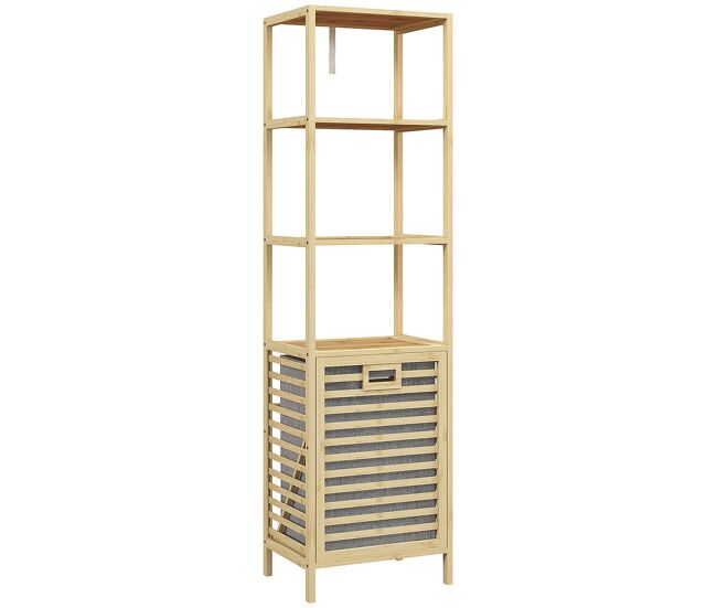Homcom estante de casa de banho em bambu estante de armazenamento de casa de banho com 3 prateleiras e 1 cesto para roupa suja removível 44x33x160 cm