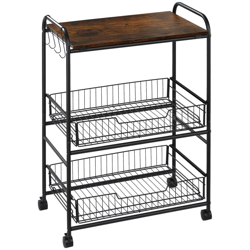 Homcom carrinho de cozinha com rodas carrinho auxiliar de 3 níveis com 2 cestas e 4 ganchos para cozinha sala de jantar 60x38x85,5 cm castanho rústico
