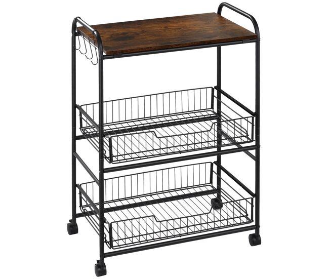 Homcom carrinho de cozinha com rodas carrinho auxiliar de 3 níveis com 2 cestas e 4 ganchos para cozinha sala de jantar 60x38x85,5 cm castanho rústico