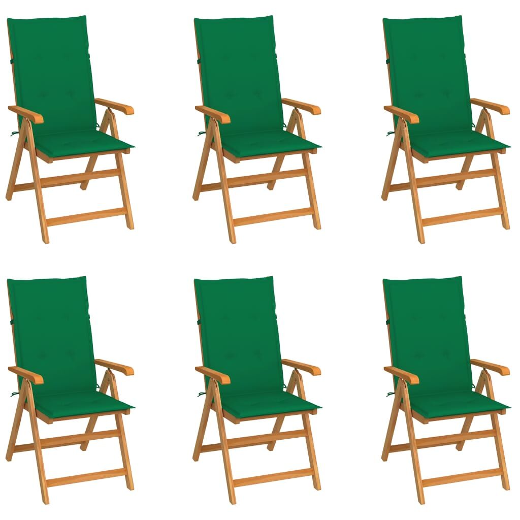 Vidaxl cadeiras de jardim c/ almofadões verdes 6 pcs teca maciça