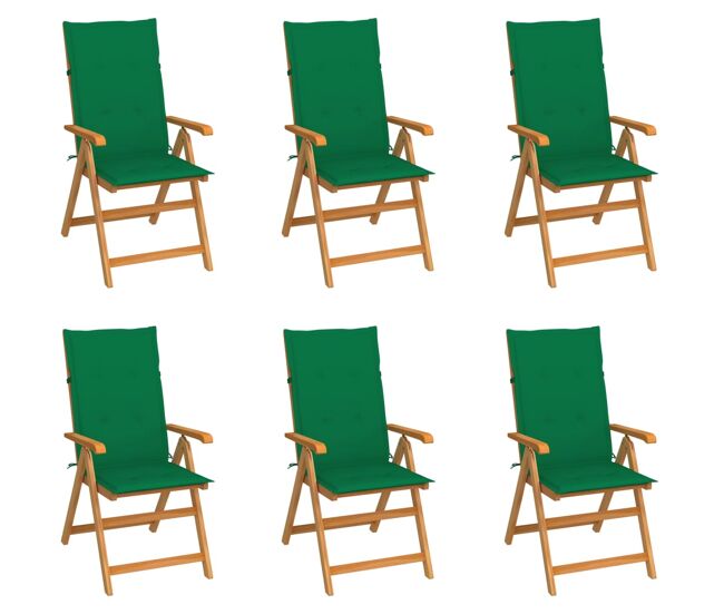 Vidaxl cadeiras de jardim c/ almofadões verdes 6 pcs teca maciça