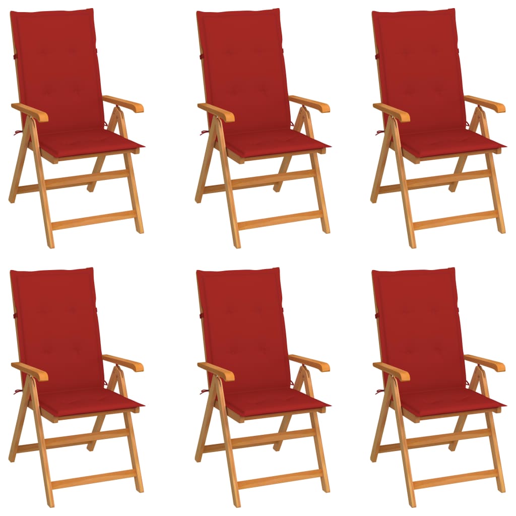 Vidaxl cadeiras de jardim c/ almofadões vermelhos 6 pcs teca maciça