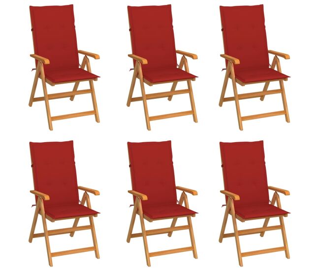 Vidaxl cadeiras de jardim c/ almofadões vermelhos 6 pcs teca maciça