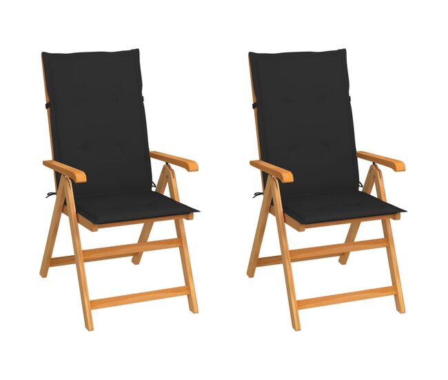 Vidaxl cadeiras de jardim c/ almofadões pretos 2 pcs teca maciça