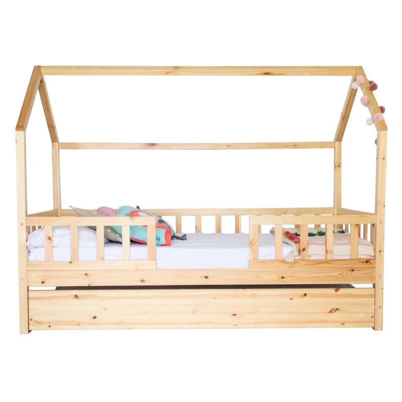 Cama casinha com grade + madeira pinho 90x190cm