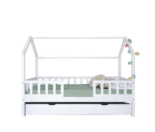 Cama casinha com grade + gaveta de arrumação em madeira blanche 90x190cm